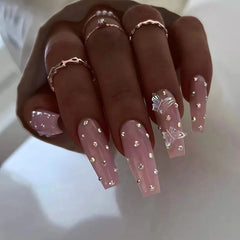 24Pcs Leopard Print Design False Nails with Bow Rhinestone Long Square Press on Nails Wearable French Ballet Fake Nail Tips