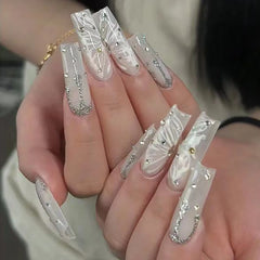 24Pcs Leopard Print Design False Nails with Bow Rhinestone Long Square Press on Nails Wearable French Ballet Fake Nail Tips