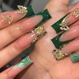 Green French Fake Nails with Diamond Gold Butterfly