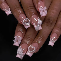 24Pcs Leopard Print Design False Nails with Bow Rhinestone Long Square Press on Nails Wearable French Ballet Fake Nail Tips