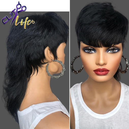 Mullet Short Pixie Cut With Bangs Dovetail Straight Brazilian Remy Human Hair Wig