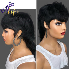 Mullet Short Pixie Cut With Bangs Dovetail Straight Brazilian Remy Human Hair Wig