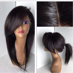 Full Lace Wigs With Bangs Baby Hair Silky Straight Brazilian Remy Human Hair Wig Pre Plucked