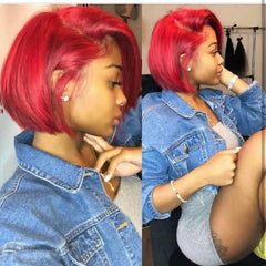 Red Straight  Lace Front Human Hair Wig Preplucked Hairline With Baby Hair