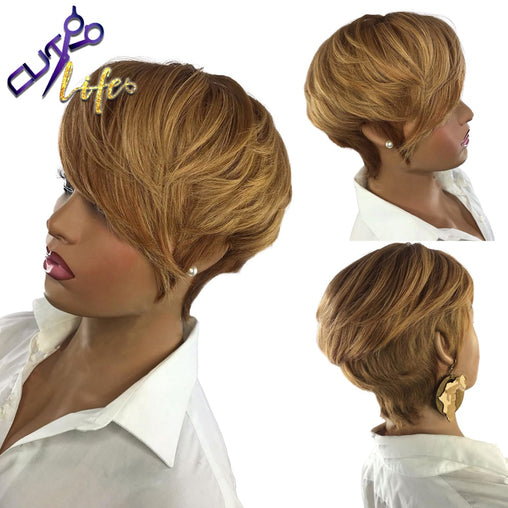 Honey Blonde Short Wavy Bob Pixie Cut Human Hair Wig
