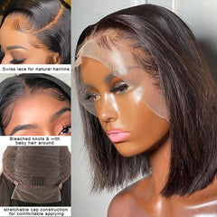 Bob  Short Bone Straight Human Hair Wig T Part Lace  Pre Plucked