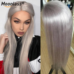 Grey Straight Lace Front Wig Human Hair Preplucked