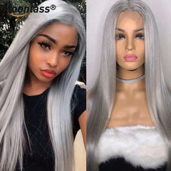 Grey Straight Lace Front Wig Human Hair Preplucked