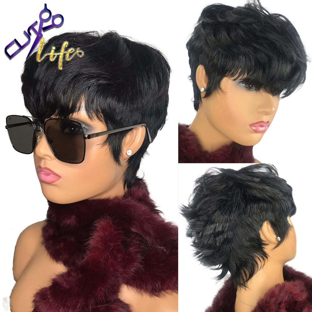 Kimme Short Wavy Bob Pixie Cut None Lace  With Bangs Remy Brazilian Hair