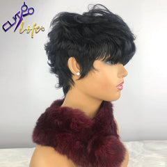 Kimme Short Wavy Bob Pixie Cut None Lace  With Bangs Remy Brazilian Hair