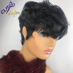 Kimme Short Wavy Bob Pixie Cut None Lace  With Bangs Remy Brazilian Hair