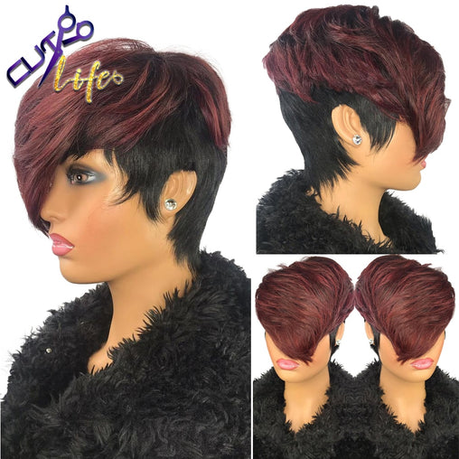 Burgundy 99J Ombre Wavy Pixie Short With Bangs Wig