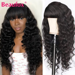 Loose Deep Wave Wig  With Bangs Malaysian Human Hair Glueless