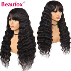 Loose Deep Wave Wig  With Bangs Malaysian Human Hair Glueless