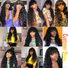 Loose Deep Wave Wig  With Bangs Malaysian Human Hair Glueless