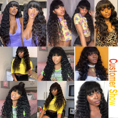 Loose Deep Wave Wig  With Bangs Malaysian Human Hair Glueless