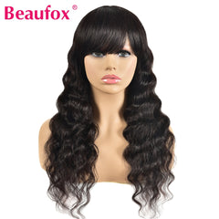 Loose Deep Wave Wig  With Bangs Malaysian Human Hair Glueless