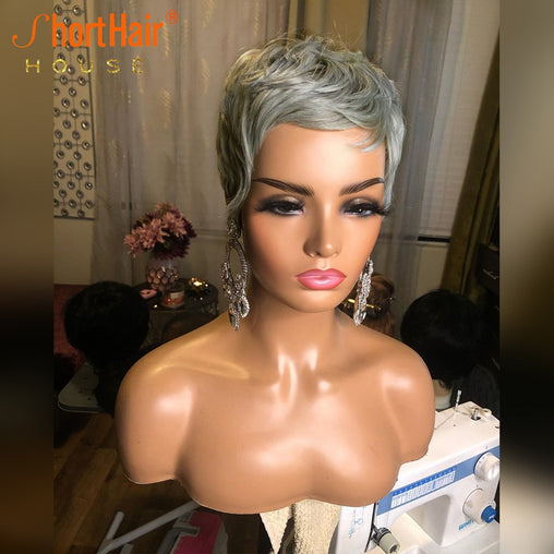 Silver Grey Pixie Short Cut Bob Wig 100% Human Hair Wig