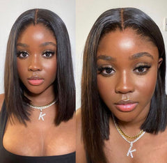 Bob  Short Bone Straight Human Hair Wig T Part Lace  Pre Plucked