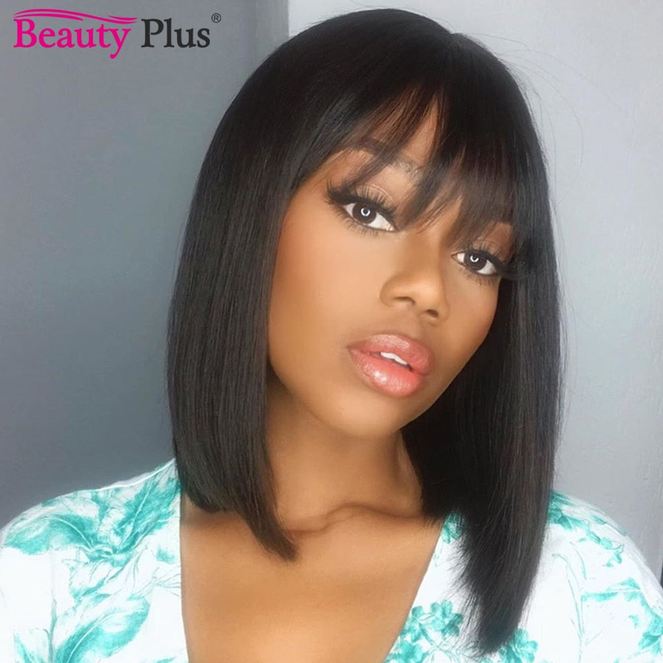 Natural Straight Bob Cut With Bangs Human Hair Glueless