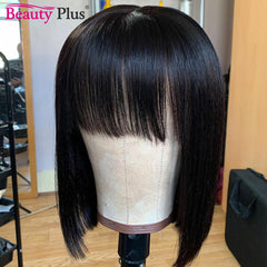 Natural Straight Bob Cut With Bangs Human Hair Glueless