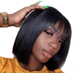 Natural Straight Bob Cut With Bangs Human Hair Glueless