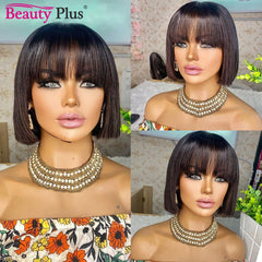 Natural Straight Bob Cut With Bangs Human Hair Glueless