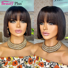 Natural Straight Bob Cut With Bangs Human Hair Glueless
