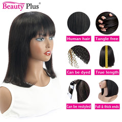 Natural Straight Bob Cut With Bangs Human Hair Glueless