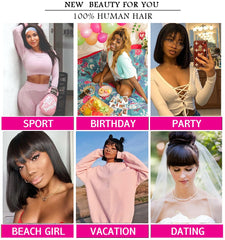 Natural Straight Bob Cut With Bangs Human Hair Glueless