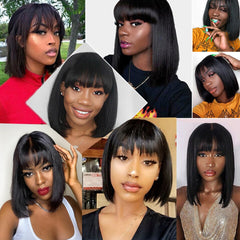 Natural Straight Bob Cut With Bangs Human Hair Glueless