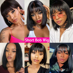 Natural Straight Bob Cut With Bangs Human Hair Glueless