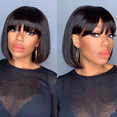 Natural Straight Bob Cut With Bangs Human Hair Glueless