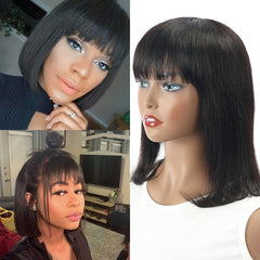 Natural Straight Bob Cut With Bangs Human Hair Glueless