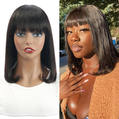 Natural Straight Bob Cut With Bangs Human Hair Glueless