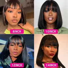Natural Straight Bob Cut With Bangs Human Hair Glueless