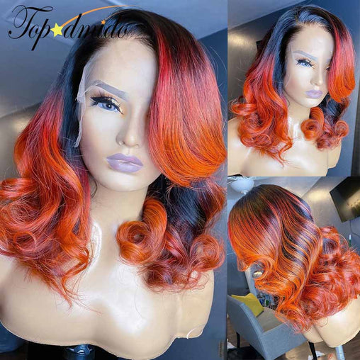 Lace Front Human Hair Wig with Baby Hair Ombre Orange Brazilian