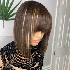 4/27 Highlight Bob Brazilian Straight Wig No Lace 100% Human Hair