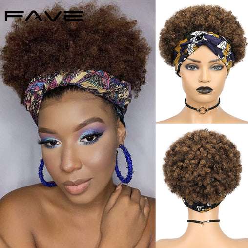 Afro Puff Curly Short Headband Wig