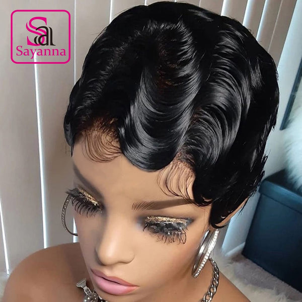 Finger Wave Short Pixie Cut Glueless 150 Human Hair Wig