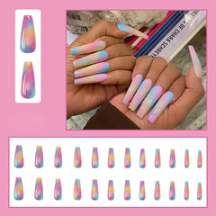 24Pcs Rainbow Fake Nails With Designs Extra Long Coffin Ballerina