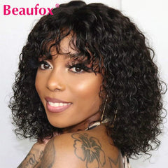 Curly Short Bob Wig With Bangs Brazilian Water Wave Human Hair