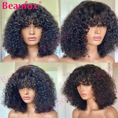 Curly Short Bob Wig With Bangs Brazilian Water Wave Human Hair