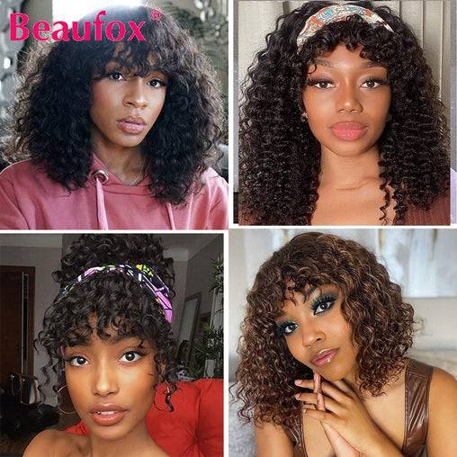 Curly Short Bob Wig With Bangs Brazilian Water Wave Human Hair
