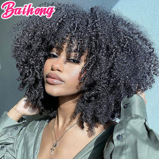 Afro Kinky Curly Human Hair Wig With Bangs Glueless Colored Natural
