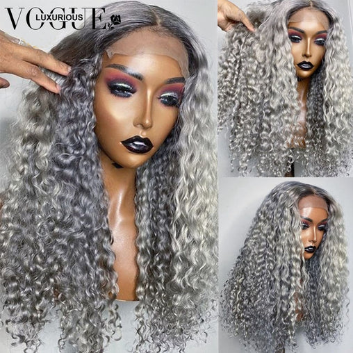 Deep Wave Frontal Long Grey Colored Lace Human Hair Wigs