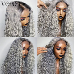 Deep Wave Frontal Long Grey Colored Lace Human Hair Wigs
