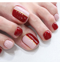 Glossy Crystal Toenails Press on Nails Red 3D Bling Square Pedicure Foot Full Cover