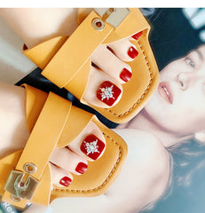 Glossy Crystal Toenails Press on Nails Red 3D Bling Square Pedicure Foot Full Cover