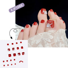 Glossy Crystal Toenails Press on Nails Red 3D Bling Square Pedicure Foot Full Cover